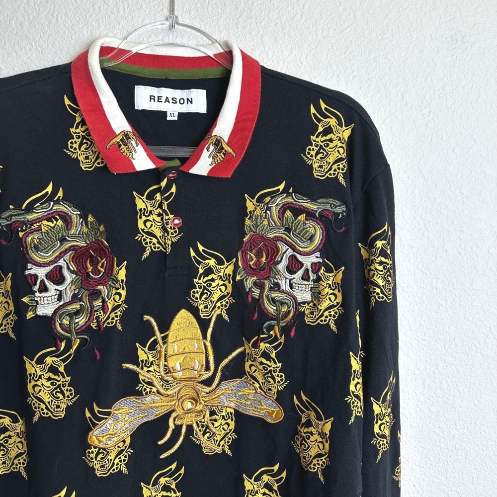 Reason Brand Mens XL Black Oni Mask Skull Snake Hornet Embroidered LS Polo Shirt
